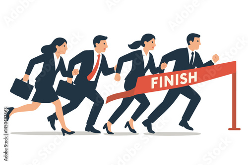 Business professionals in suits racing to finish line in flat vector illustration depicting competition and achievement