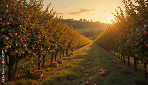 Beautiful young apple orchard at sunset with baskets of apples
