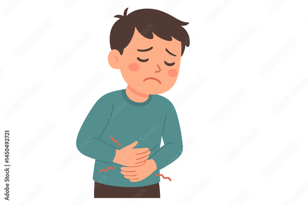 Child experiencing stomach ache while standing, showing discomfort and concern Child experiencing stomach ache while standing, showing discomfort and concern