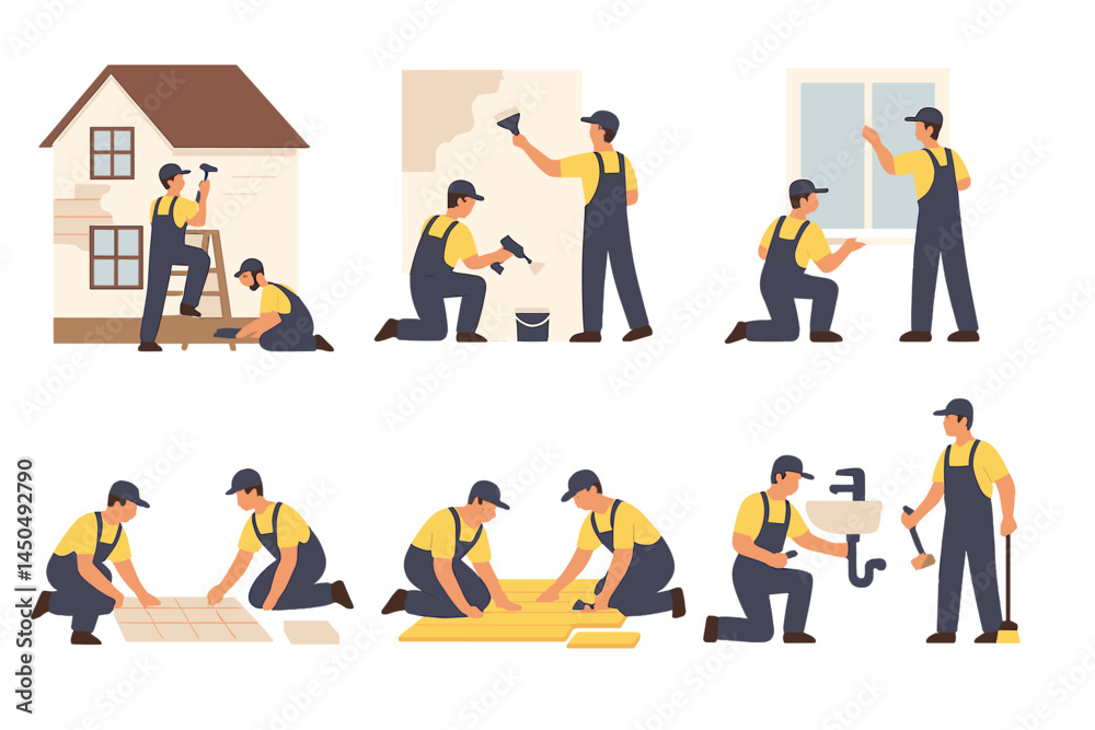 Skilled workers performing various home improvement tasks in a flat vector illustration Skilled workers performing various home improvement tasks in a flat vector illustration