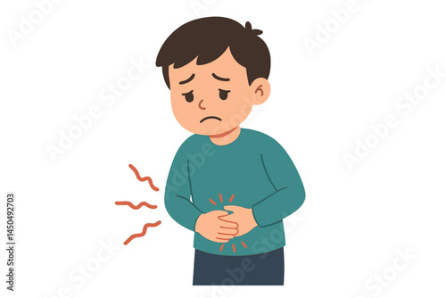 Boy experiencing stomach pain while standing alone in a flat vector illustration illustrating discomfort and concern