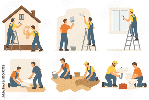 Flat vector illustration of construction workers engaging in home renovation activities during the day