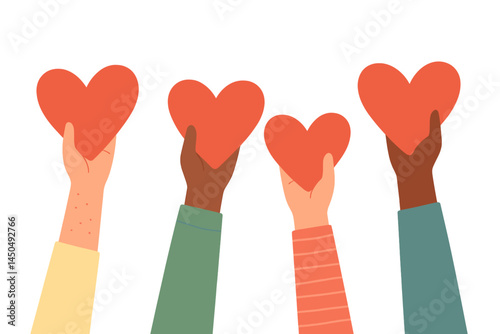 Four hands of diverse individuals hold red hearts to symbolize love and unity in a minimalistic design