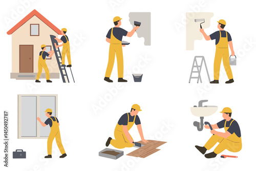 Home improvement activities being performed by workers in flat vector illustration showcasing various tasks
