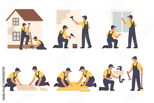 Skilled workers performing various home improvement tasks in a flat vector illustration