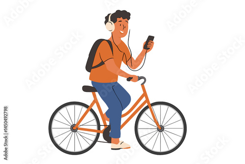 Young man riding bicycle while listening to music on smartphone in urban setting with backpack during sunny day