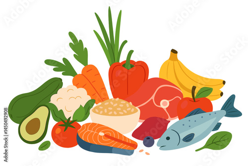 Fresh vegetables, fruits, and seafood arranged in an artistic style for healthy eating promotion in a kitchen setting