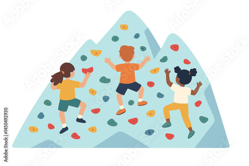 Children climbing a colorful rock wall in a flat vector illustration of an engaging outdoor activity