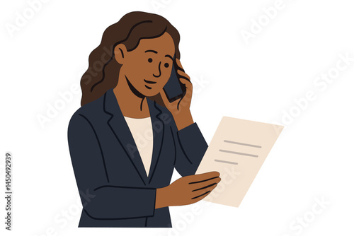 Businesswoman making a phone call while reviewing a document in a professional workspace during daylight hours