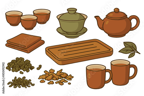 Flat vector illustration of traditional tea set with cups, teapot, and tea leaves on a wooden tray
