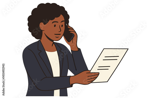 Professional woman engaged in a phone call while reviewing a document in the office setting