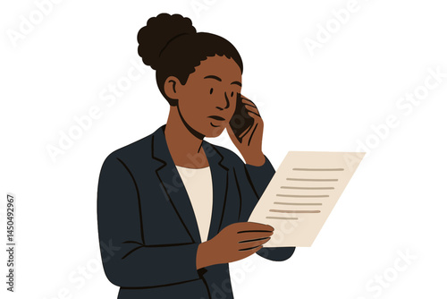 Woman in business attire making a phone call while reviewing documents in a professional setting