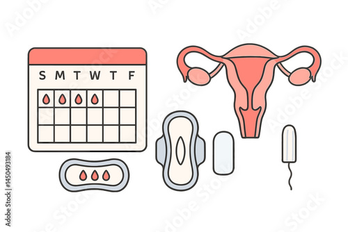 Understanding menstrual health with symbols of cycles, products, and anatomy in a flat vector illustration