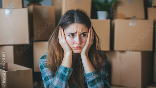 Stressed young woman surrounded by moving boxes expressing anxiety and uncertainty.