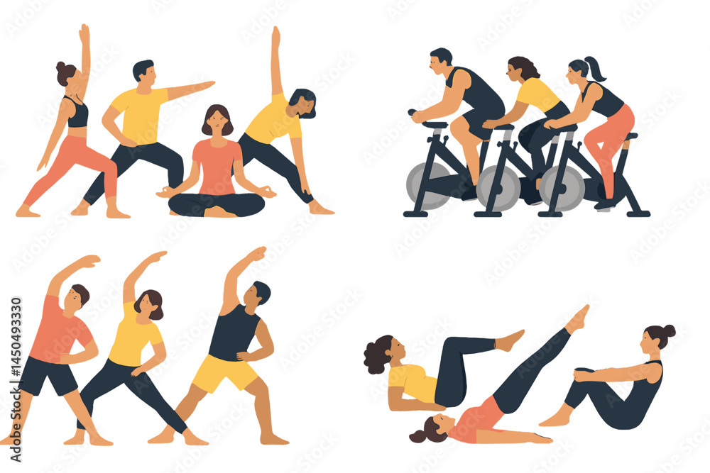Diverse group engaging in various fitness activities indoors at a contemporary wellness center during a vibrant workout session