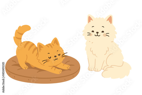 Playful cat stretching beside a fluffy white cat resting in a cozy setting with bright colors and cheerful design