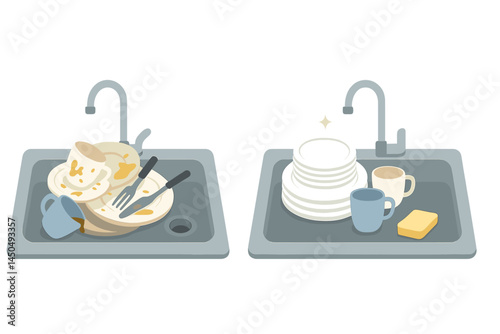 Dirty dishes on one side and clean dishes stacked neatly in a kitchen sink illustrating the contrast of cleaning up after a meal