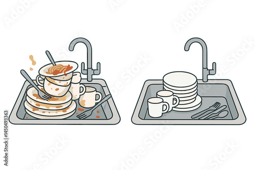 Cleaning dishes in the sink after a meal with an organized look on one side and a messy pile on the other