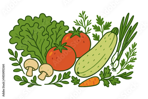 Fresh vegetables on white background with green leaves, showcasing tomatoes, lettuce, zucchini, and mushrooms for healthy eating