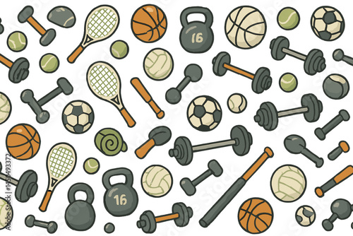 Sporting equipment flat vector illustration featuring various balls and workout gear in a fun and colorful layout