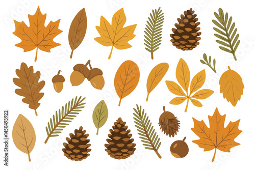 Autumn leaves and pine cones arranged in a flat vector illustration showcasing seasonal elements of fall
