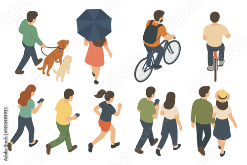 People engaging in various activities outdoors in a flat vector illustration depicting a lively urban environment