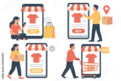 Digital shopping experience with online ordering and delivery of clothing items depicted in a flat vector illustration