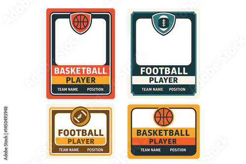 Colorful flat vector illustrations of sports player cards for football and basketball with placeholder information