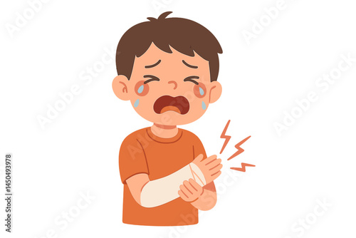 Child expresses sorrow after hurting arm in distressing flat vector illustration