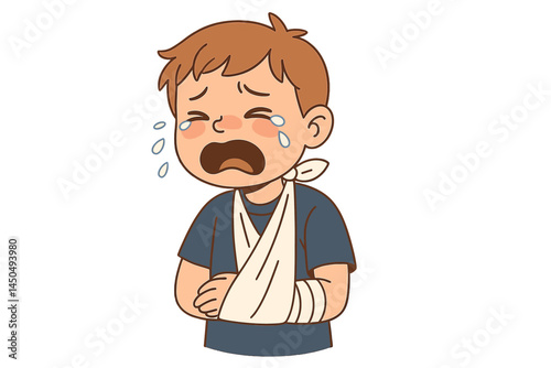Young boy with arm injury crying, feeling sad and distressed after an accident while playing outdoors during the day