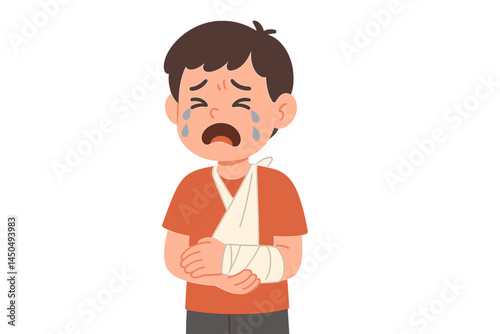 Child with a bandaged arm expresses sadness and distress while standing on a white background