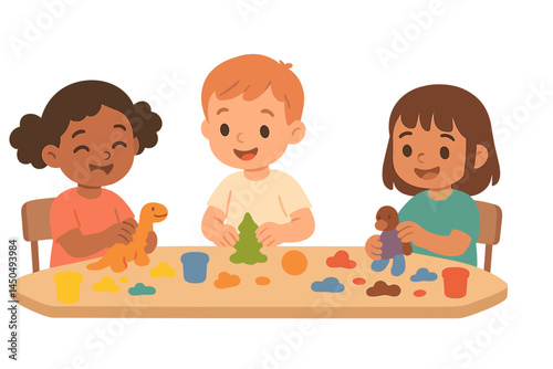Children engaging in creative play with colorful modeling clay at a table while sharing laughter and fun