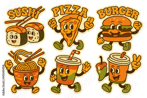 Fun and colorful flat vector illustrations of cheerful food mascots showcasing sushi, pizza, burger, noodles, and drinks in a playful arrangement