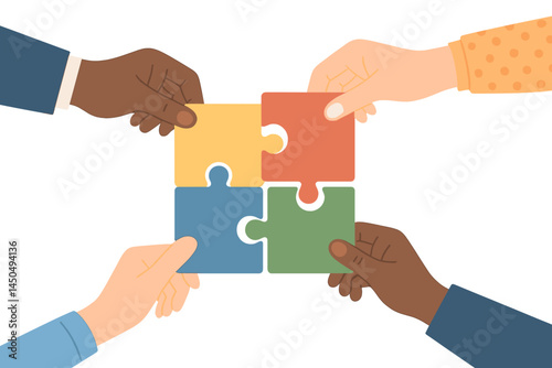 Collaboration among diverse hands solving a puzzle in a flat vector illustration