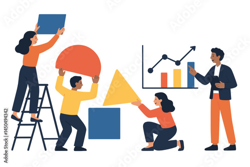 Team collaboration to create a flat vector illustration of a business presentation with colorful shapes and graphs