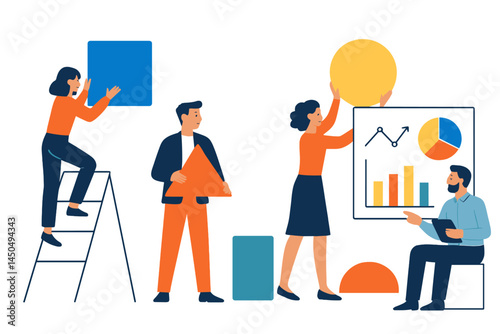 Team members collaborate on data presentation using colorful shapes and graphs in a modern office workspace