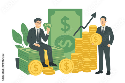 Businessmen celebrating financial success with money and investments in a flat vector illustration