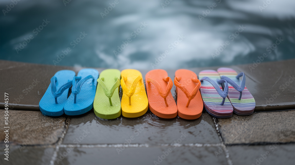 Naklejka premium Row of Bright Sandals Ready for Summer Pool Fun