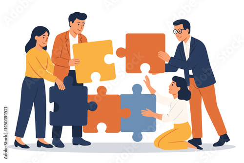 Team members collaborating on a colorful puzzle during a brainstorming session in a modern office environment