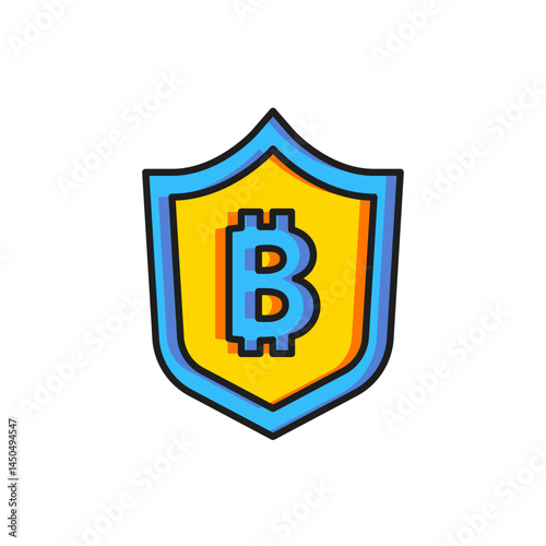 Color Shield with bitcoin icon isolated on white background. Cryptocurrency mining, blockchain technology, security, protect, digital money. Flat filled outline style with shadow. Vector