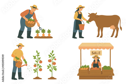 Farmers engaging in vegetable cultivation and livestock care in a vibrant market setting