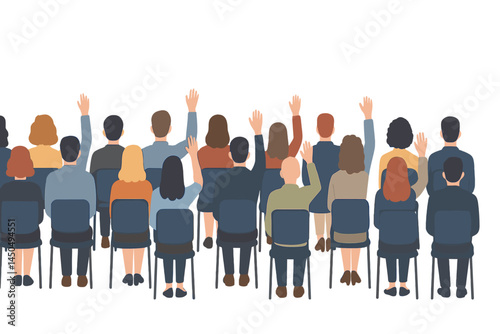 Participants raise hands in a flat vector illustration of a meeting or conference setting during a discussion