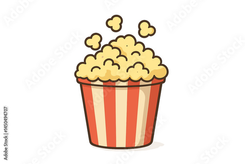Red and white striped popcorn bucket overflowing with fluffy popcorn kernels on a white background