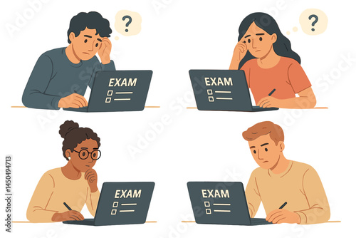 Students taking a challenging exam while feeling confused and frustrated in a flat vector illustration