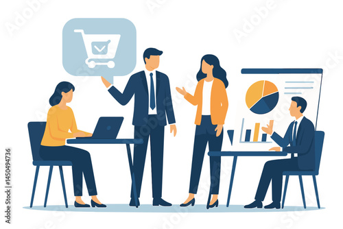Business team discussing strategies and progress on e-commerce project in bright office space