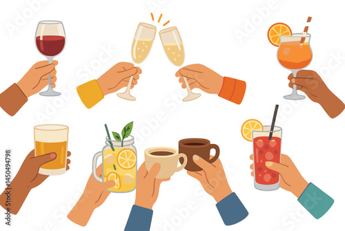 Celebration drinks held by diverse hands at a festive gathering during daytime