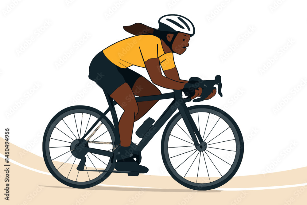 Obraz premium Cyclist wearing yellow jersey racing on a black bicycle in a flat vector illustration of outdoor scenery