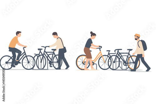 People interacting with bicycles in a flat vector illustration depicting urban life in a busy environment