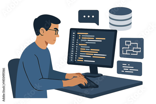 Flat vector illustration of a programmer working on a computer with code, data, and graphics in a workspace setting