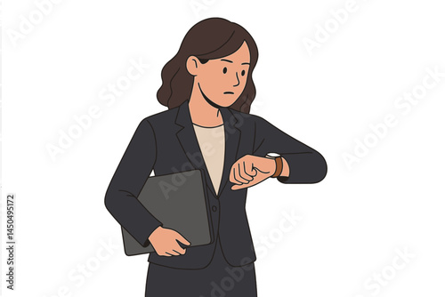 Businesswoman checking time while holding a laptop at a corporate office setting during a workday